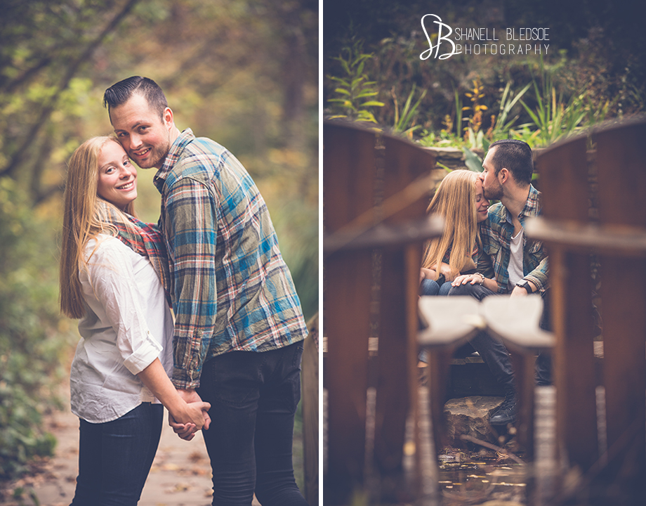 couple on adirondack chairs. Shanell Bledsoe Photography, autumn engagement photos at Ijams Nature Center, Knoxville