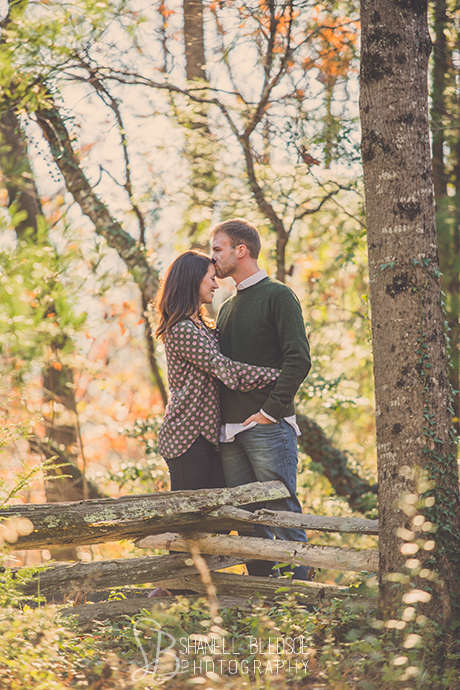 Fall autumn engagement photo session at Ijams Nature Center in Knoxville, TN by Shanell Bledsoe Photography. split rail fence.