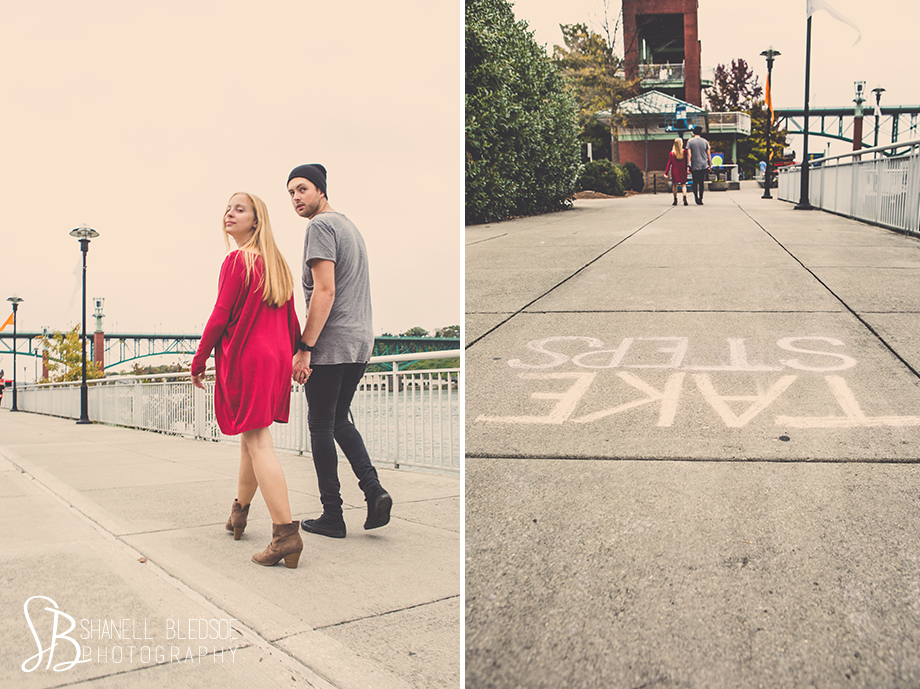 Couple walking at Volunteer Landing. Shanell Bledsoe Photography, autumn engagement photos, Knoxville, Take Steps