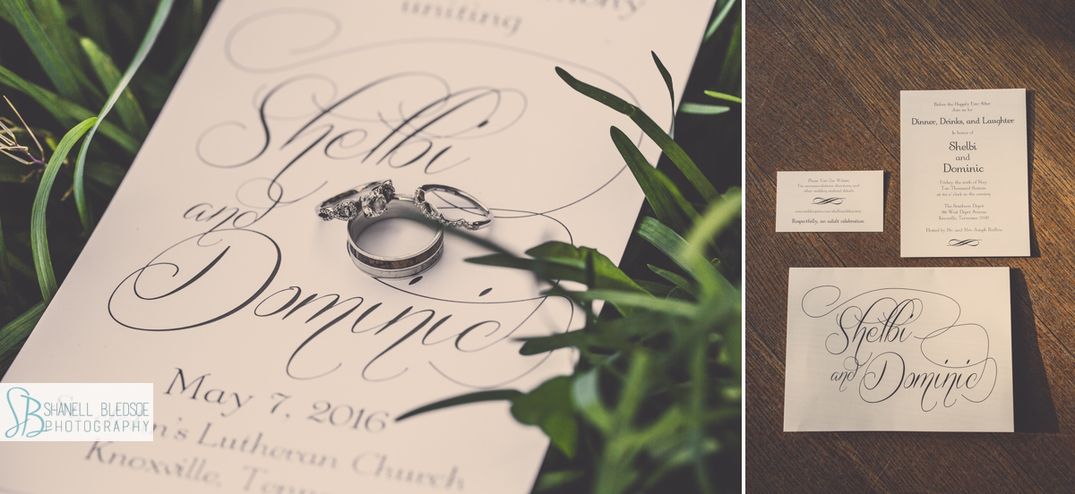 Wedding invitation and programs with wedding rings. Shelbi and Dominic