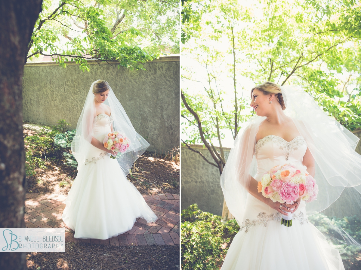 Beautiful bride in courtyard at St. John's Lutheran Church, Knoxville, TN. 