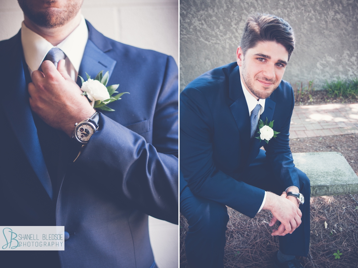 groom portrait, tying tie, navy tuxedo, knoxville wedding
