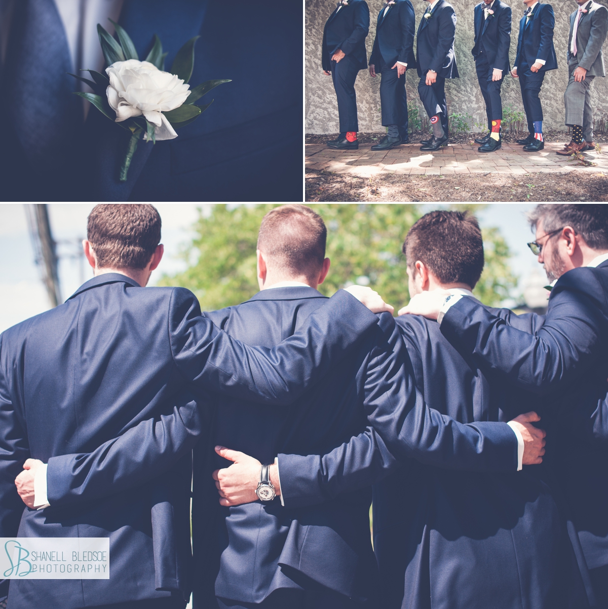 groom with groomsmen, navy tuxedo, superhero socks, knoxville wedding