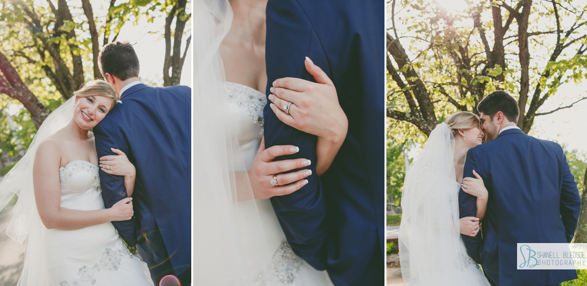 bride and groom in front of tree at st john's lutheran church in knoxville wedding ring close up