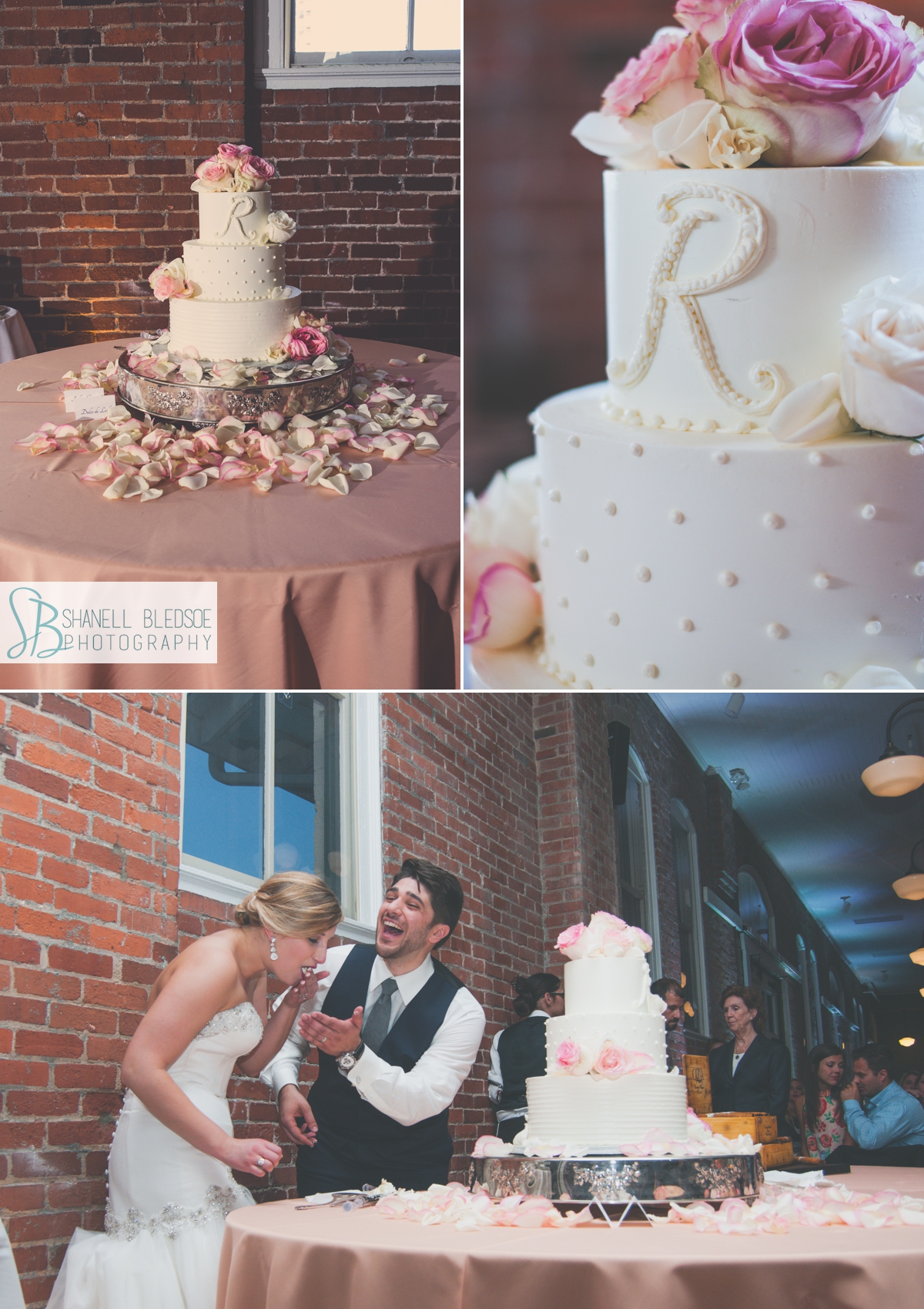 classic white wedding cake with monogram by Magpies in Knoxville TN