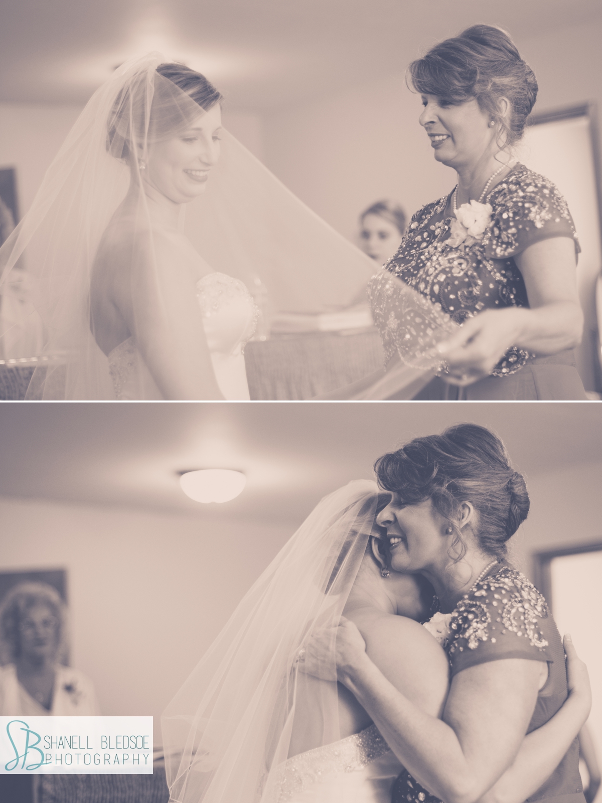 Mother of the bride putting on veil, hugging bride. knoxville wedding photography