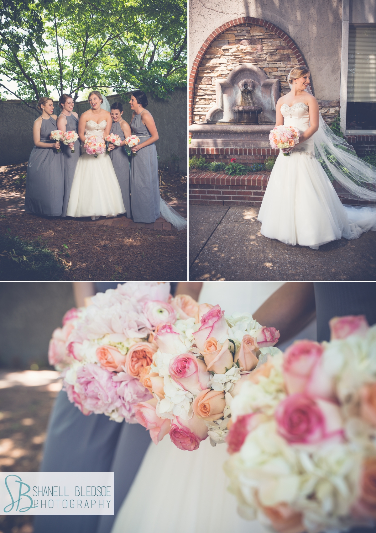 gray bridesmaid dresses, peach and pink bouquets by lisa foster floral design