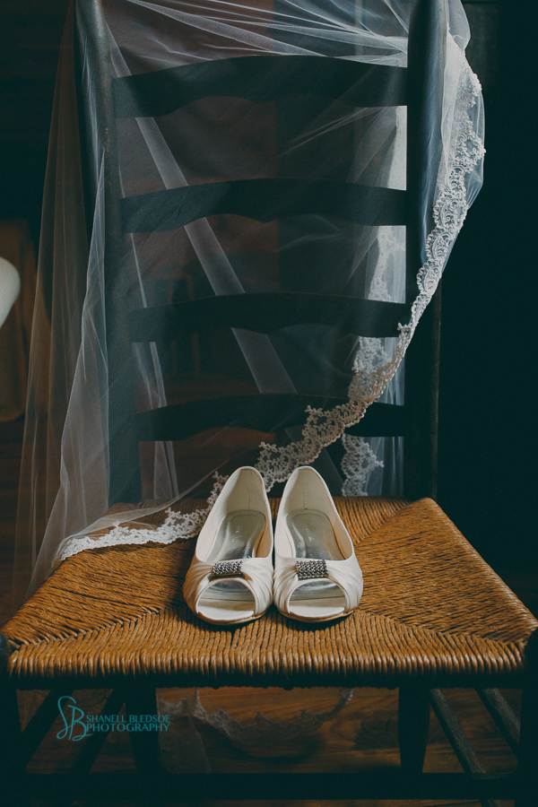 Wedding shoes and lace veil at Sampson's Hollow bride room