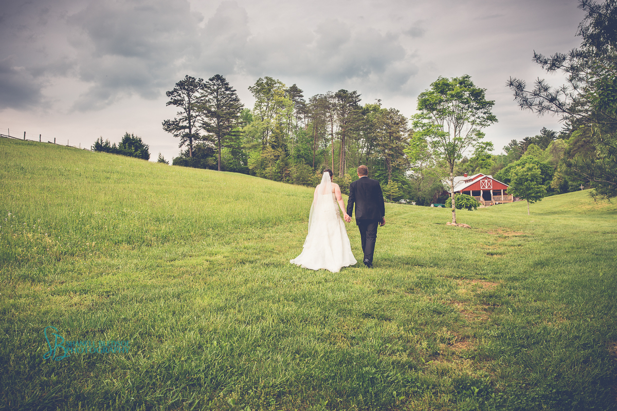 bride and groom walking in meadow at Sampson's Hollow