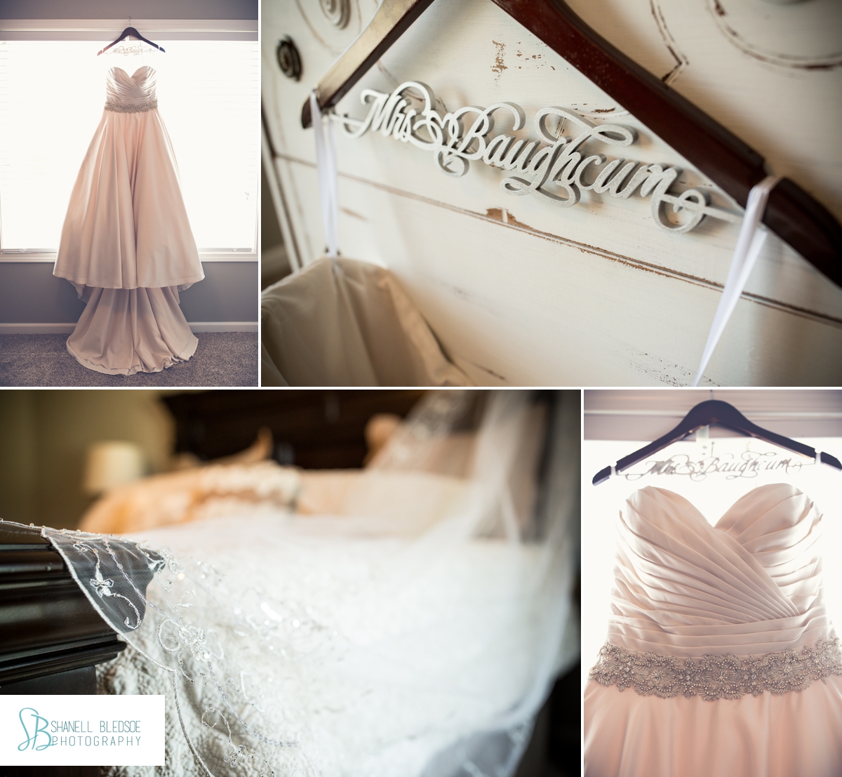 custom wedding gown hanger, wedding dress in window