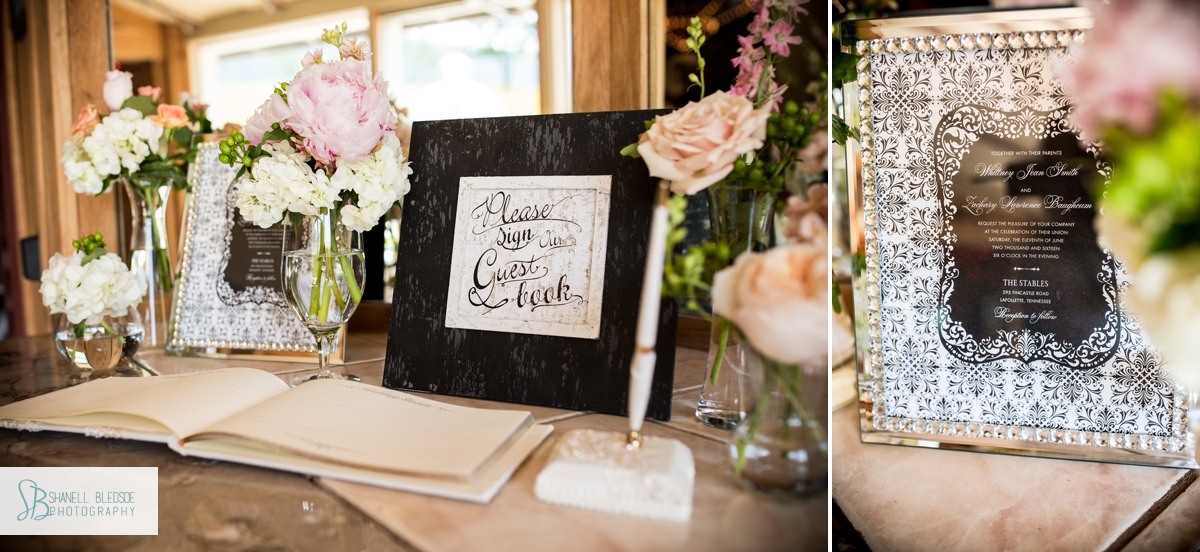 Guest book table with framed invitation flowers by Samuel Franklin