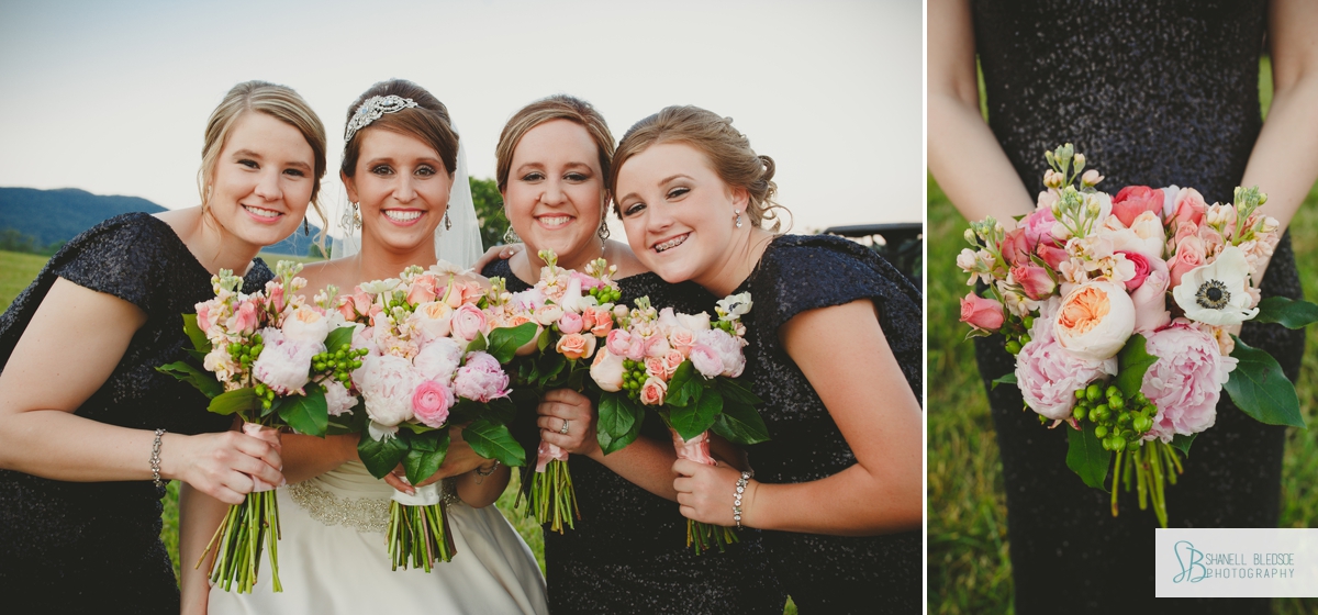Bride and bridesmaids in black sequin dresses, LaFollette, TN wedding photographer, shanell bledsoe photography