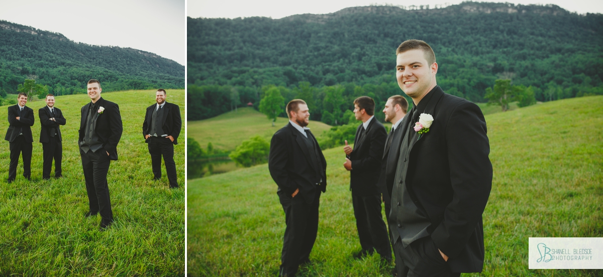 Groom with groomsmen in black tuxedoes, tennessee mountain field, the stables, lafollette