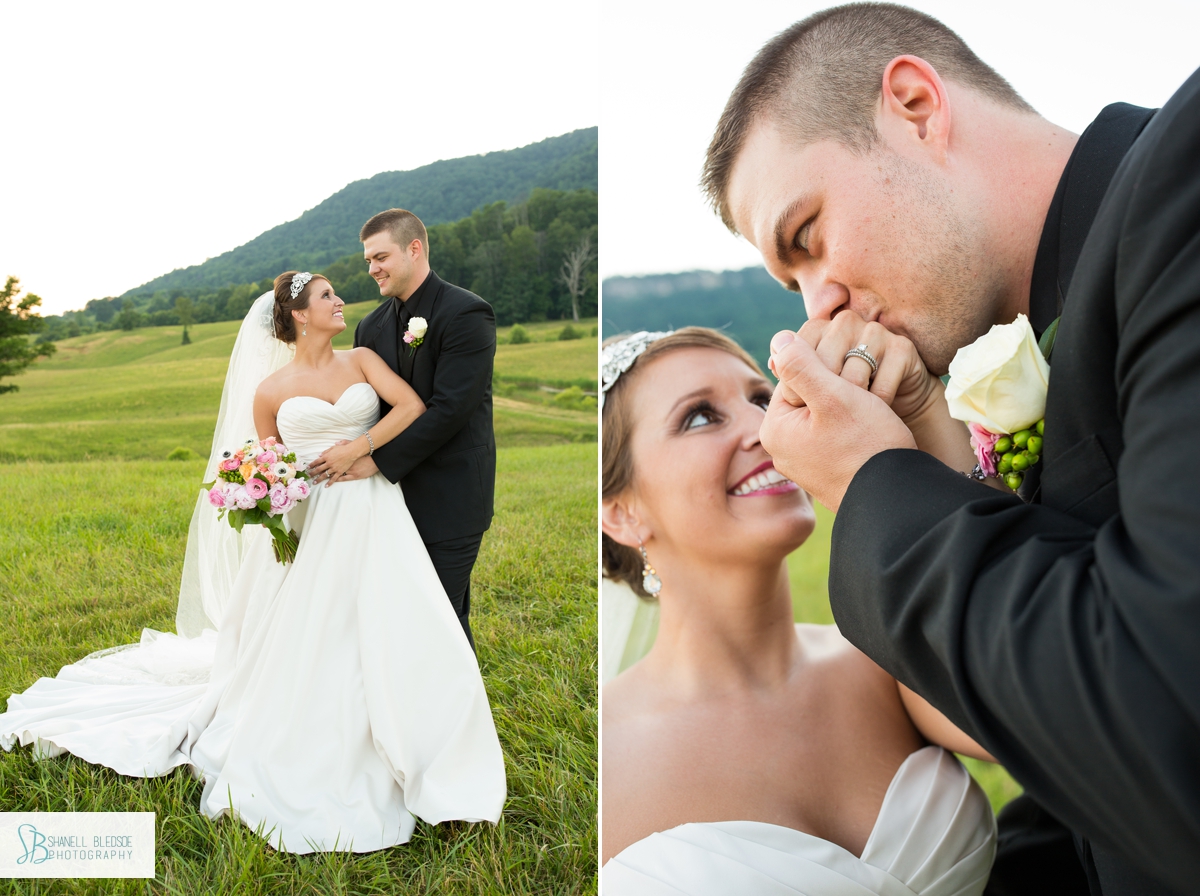 bride and groom in mountain field at the stables, lafollette