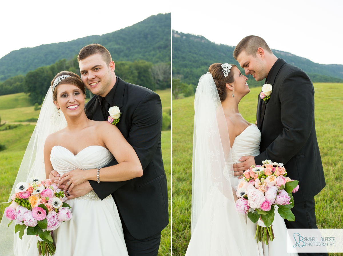 Bride and groom in a Tennessee mountain field, LaFollette, TN wedding photographer