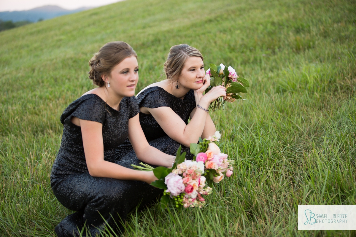 Bride and bridesmaids in black sequin dresses at sunset, wedding photographer, shanell bledsoe photography