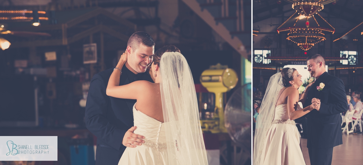 Bride and groom have first dance at wedding reception at The Stables in LaFollette, TN