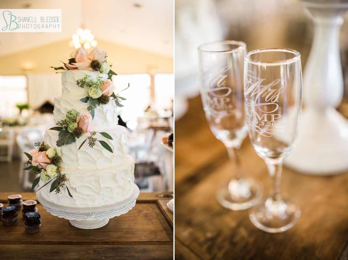 Bees Knees wedding cake and custom champagne glasses in Knoxville at Hunter Valley Farm Pavilion