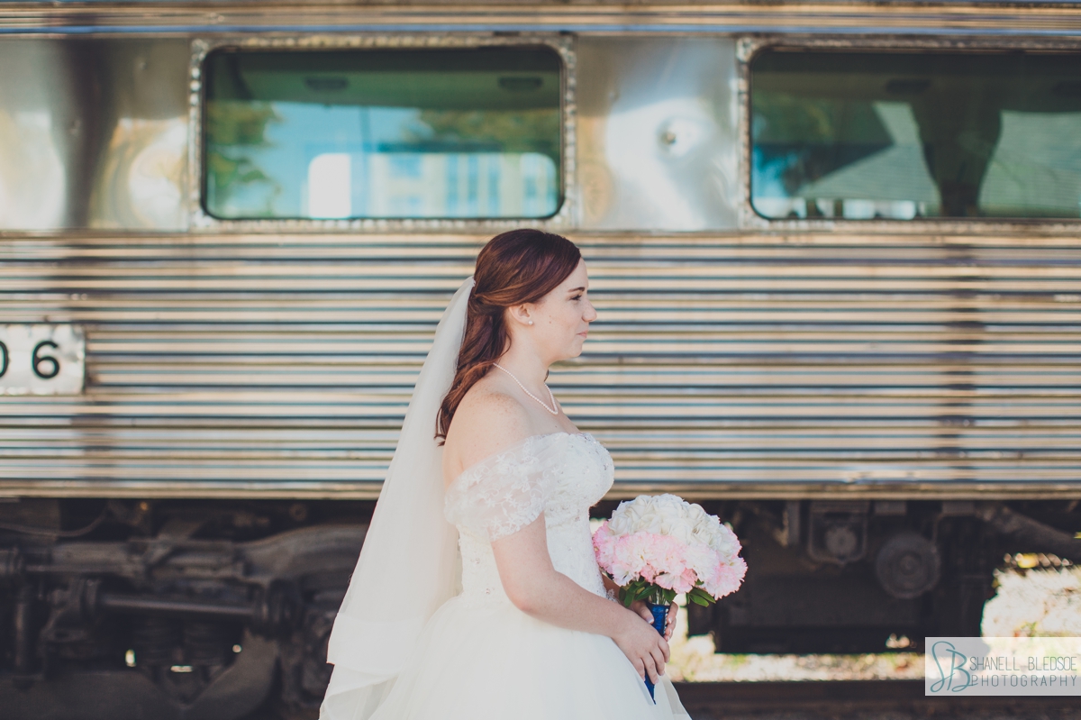 bride's portrait in front of silver train at historic southern railway station