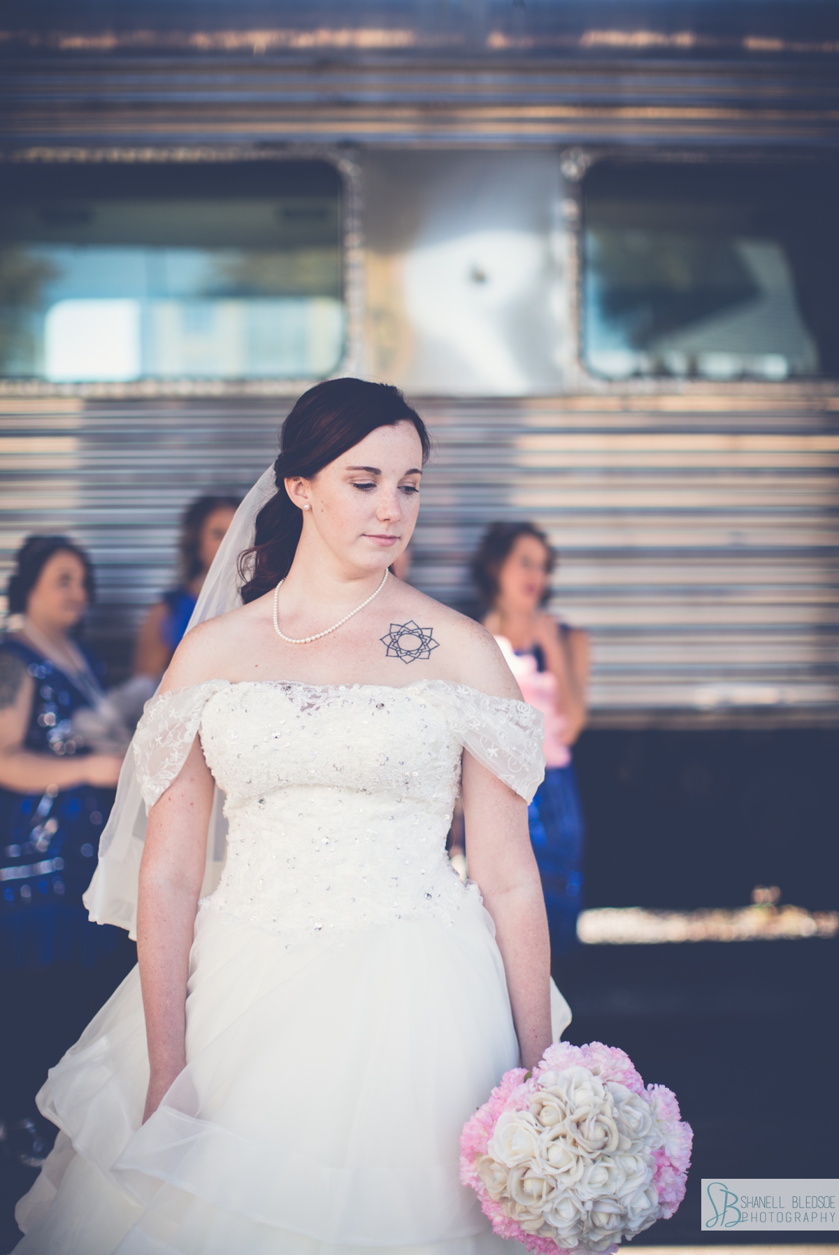 bride's portrait in front of silver train at historic southern railway station