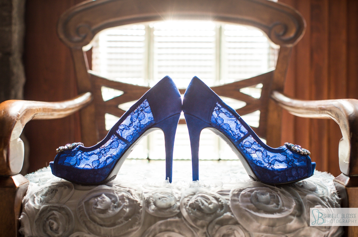 royal blue lace wedding heels on chair - knoxville wedding