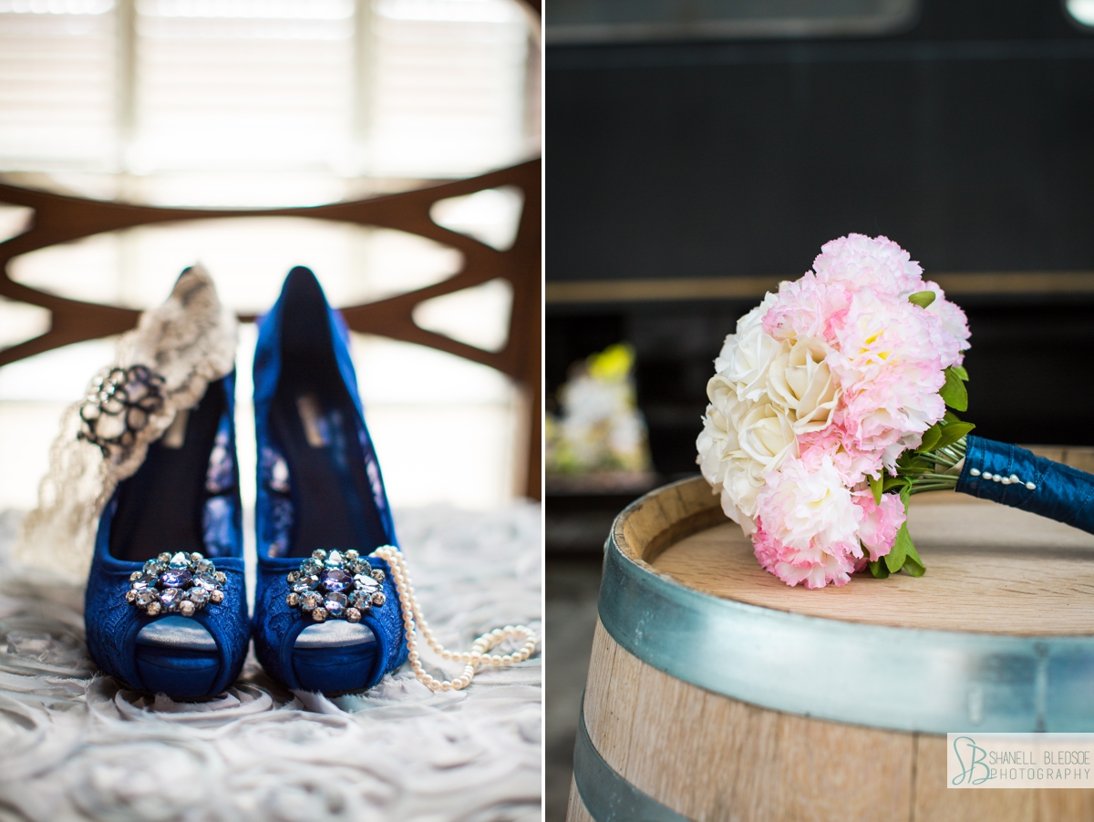 royal blue lace wedding heels on wine barrel blue slip winery knoxville wedding