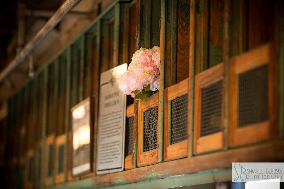 bride's bouquet in mail train car at historic southern railway station in knoxville wedding photos