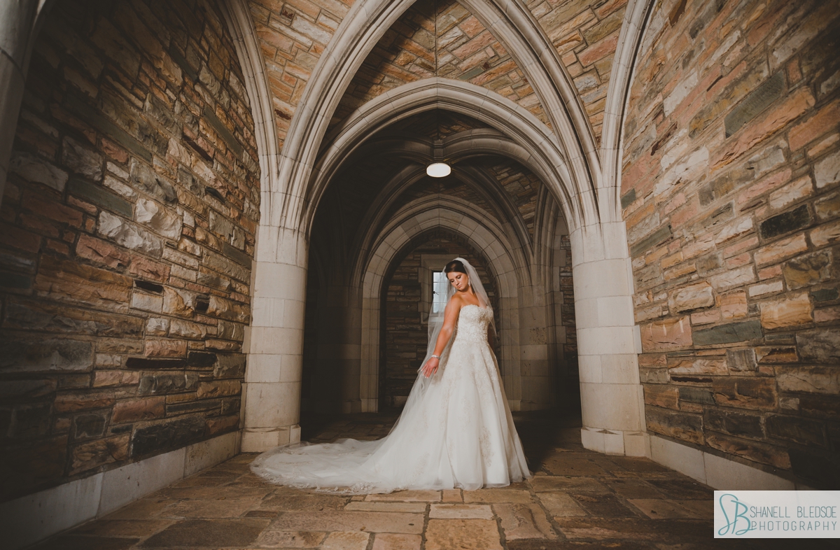 bride in gothic arches of Scarritt Bennett Center in Nashville TN