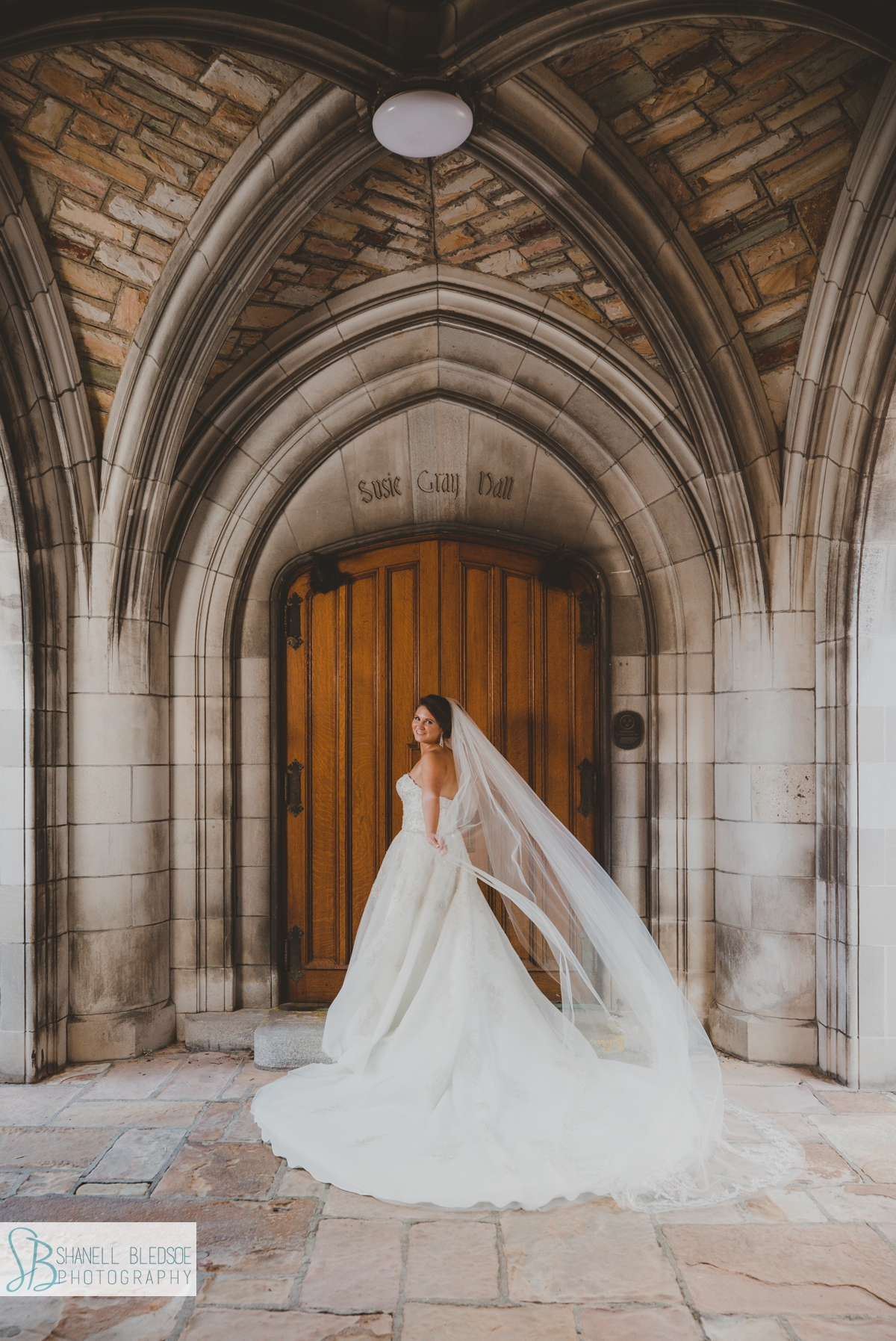 bride in gothic arches of Scarritt Bennett Center in Nashville TN