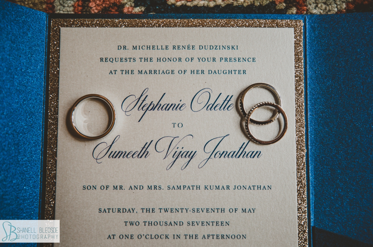 blue and gold wedding invitation with wedding bands nashville tn