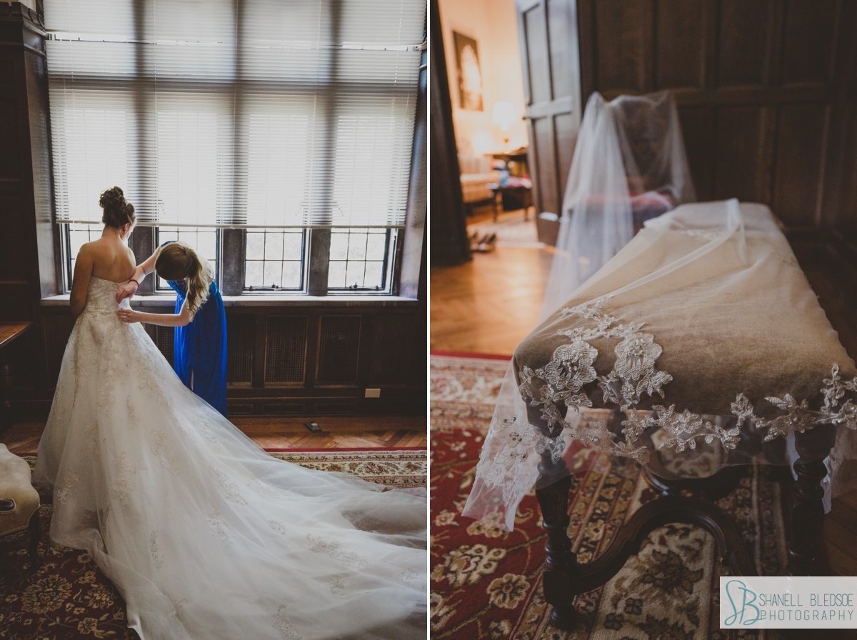 dressing the bride at Scarritt Bennett cathedral lace veil