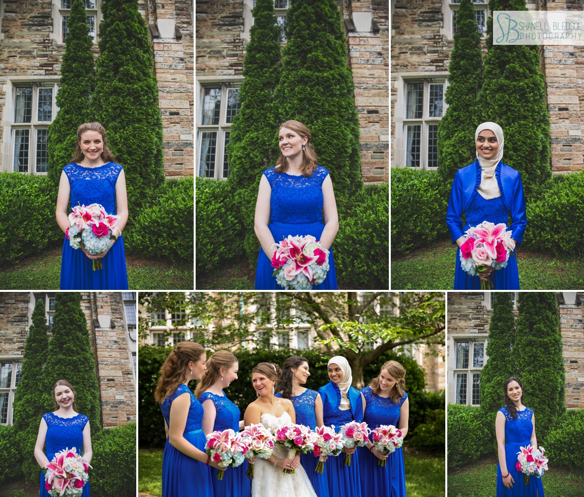 bride with bridesmaids in royal blue lace dresses outside Scarritt Bennett Center wedding