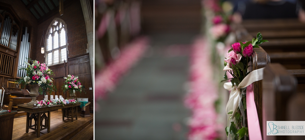 fuchsia aisle pew flowers at Wightman Chapel