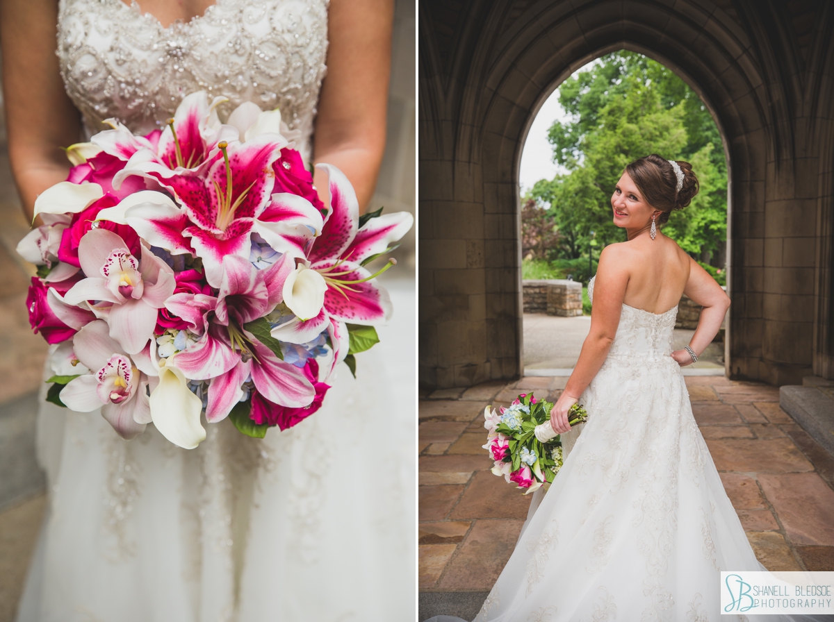 portrait of bride under arch at Scarritt Bennett in Nashville with pink stargazer lily bouquet