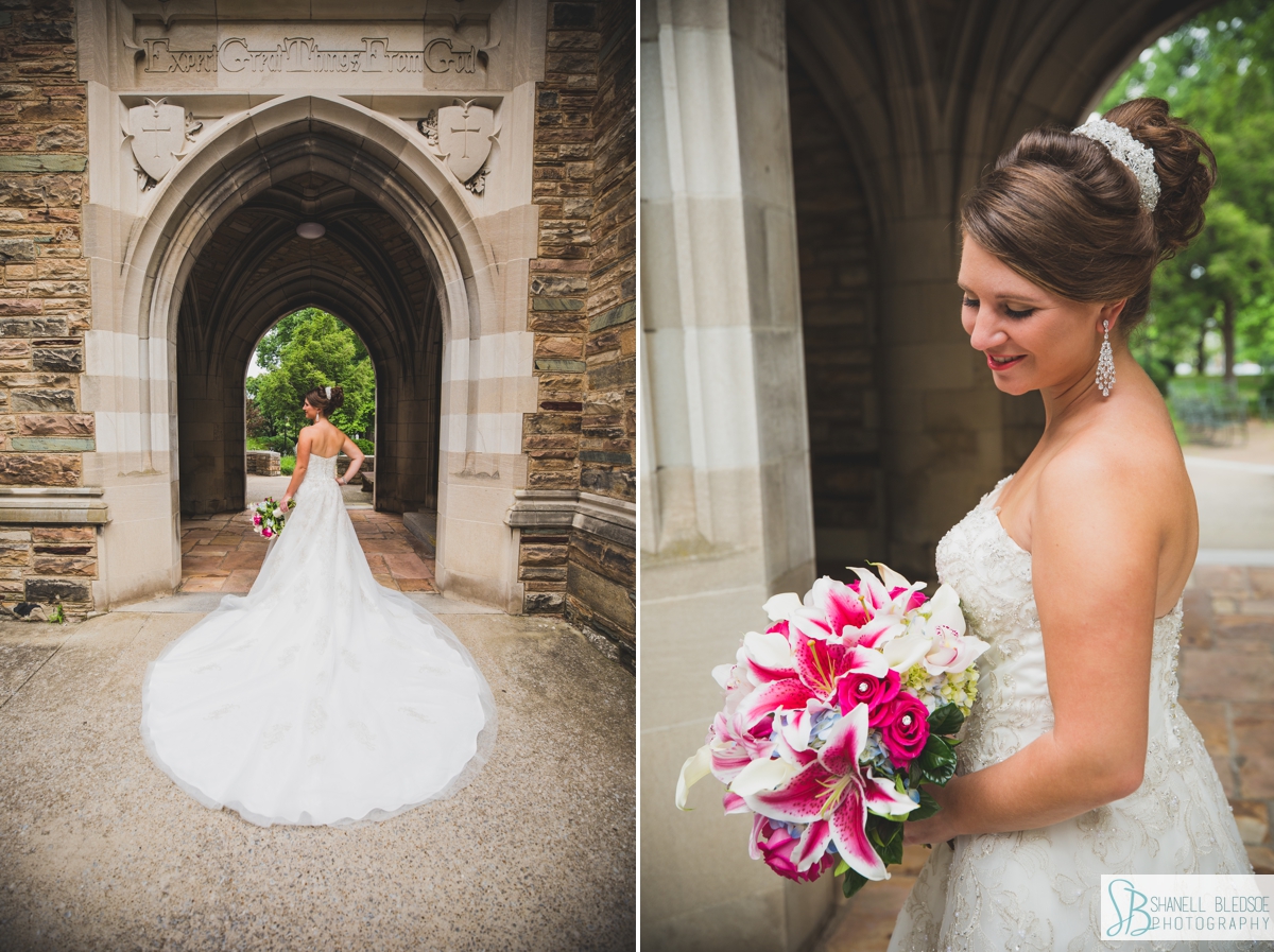 portrait of bride under arch at Scarritt Bennett in Nashville with pink stargazer lily bouquet