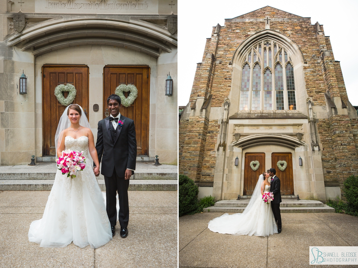 bride and groom in front of Wightman Chapel doors 