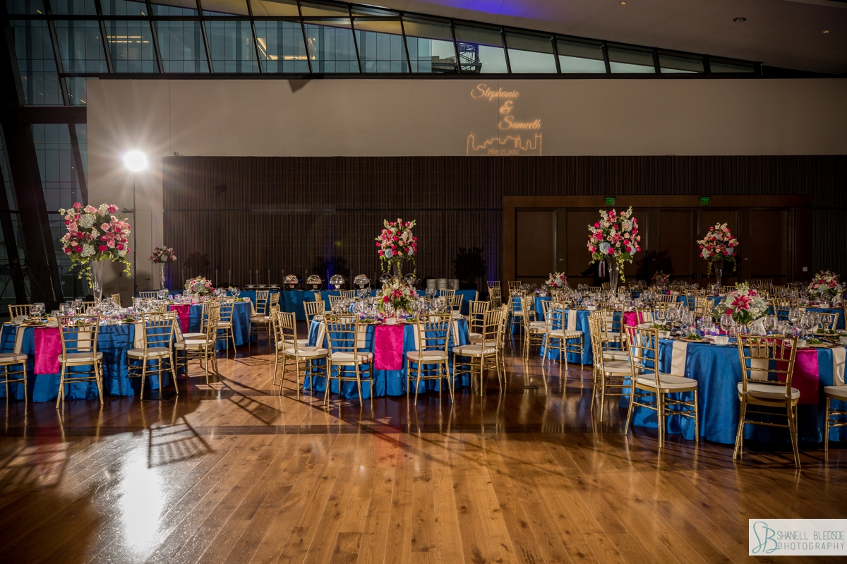 royal blue and pink wedding reception photo of Event Hall at Country Music Hall of Fame