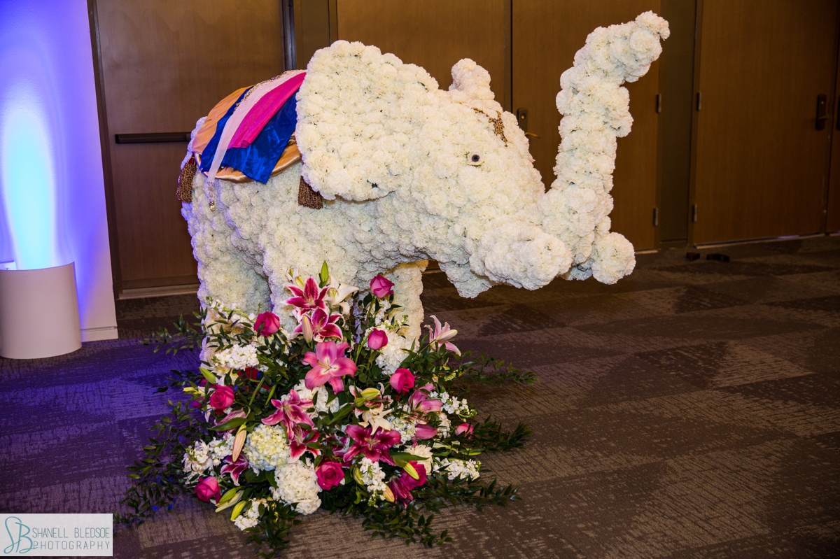 white floral elephant Indian wedding reception 