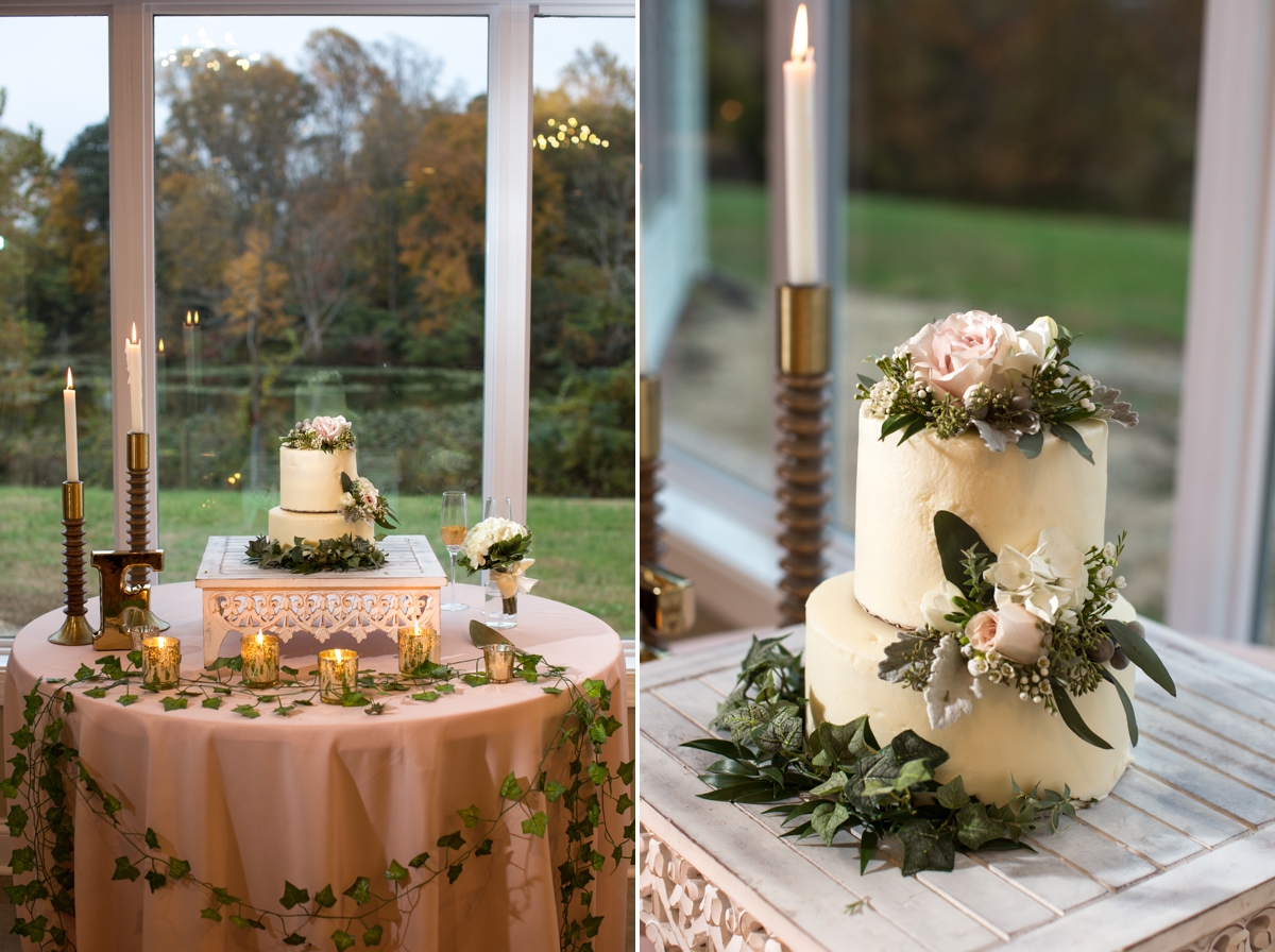 blush and white wedding cake table