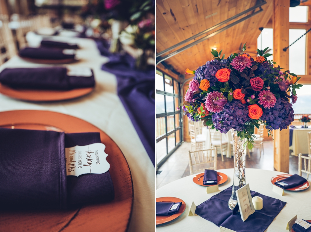 plum purple and orange reception table bouquets