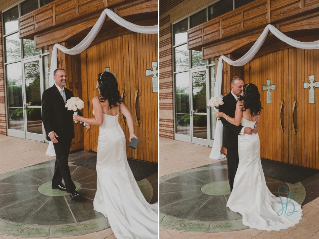 bride and groom's first look at Knoxville Catholic wedding
