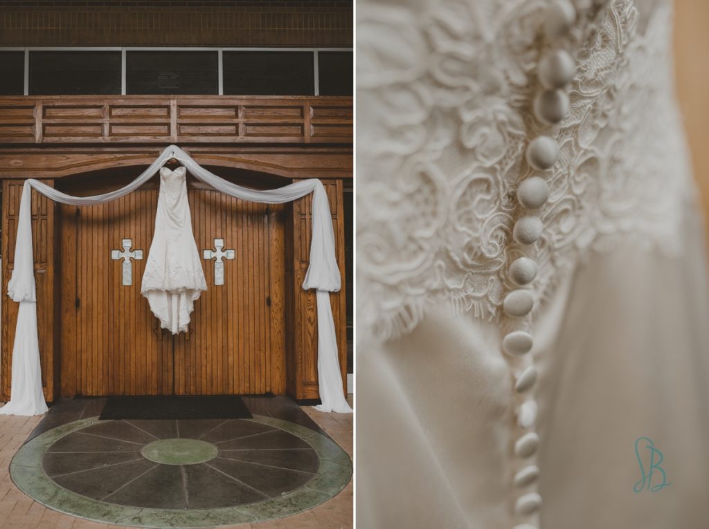 wedding gown hanging from parish door 