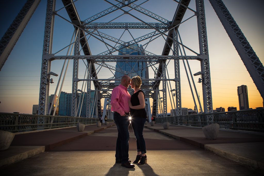 Nashville walking bridge engagement photos at sunset