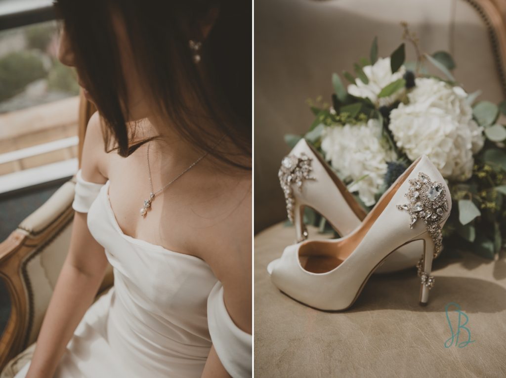 romantic wedding dress and Badgley Mischa heels