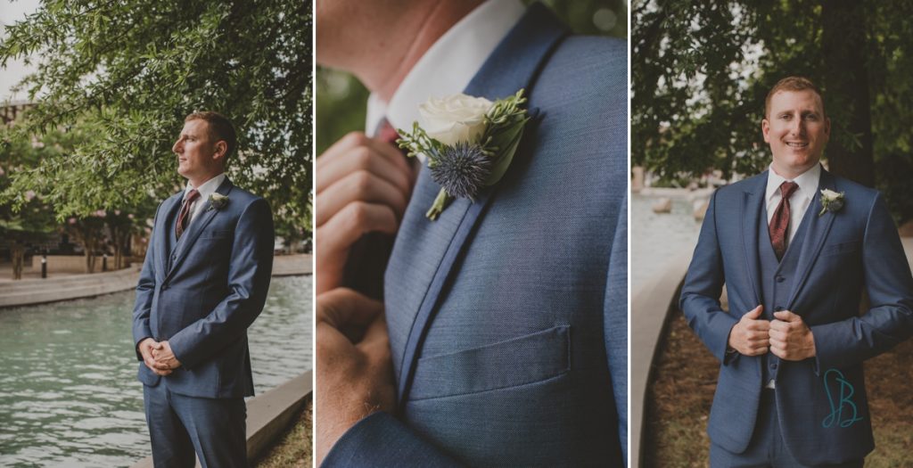 Blue suit on groom at Sunsphere wedding