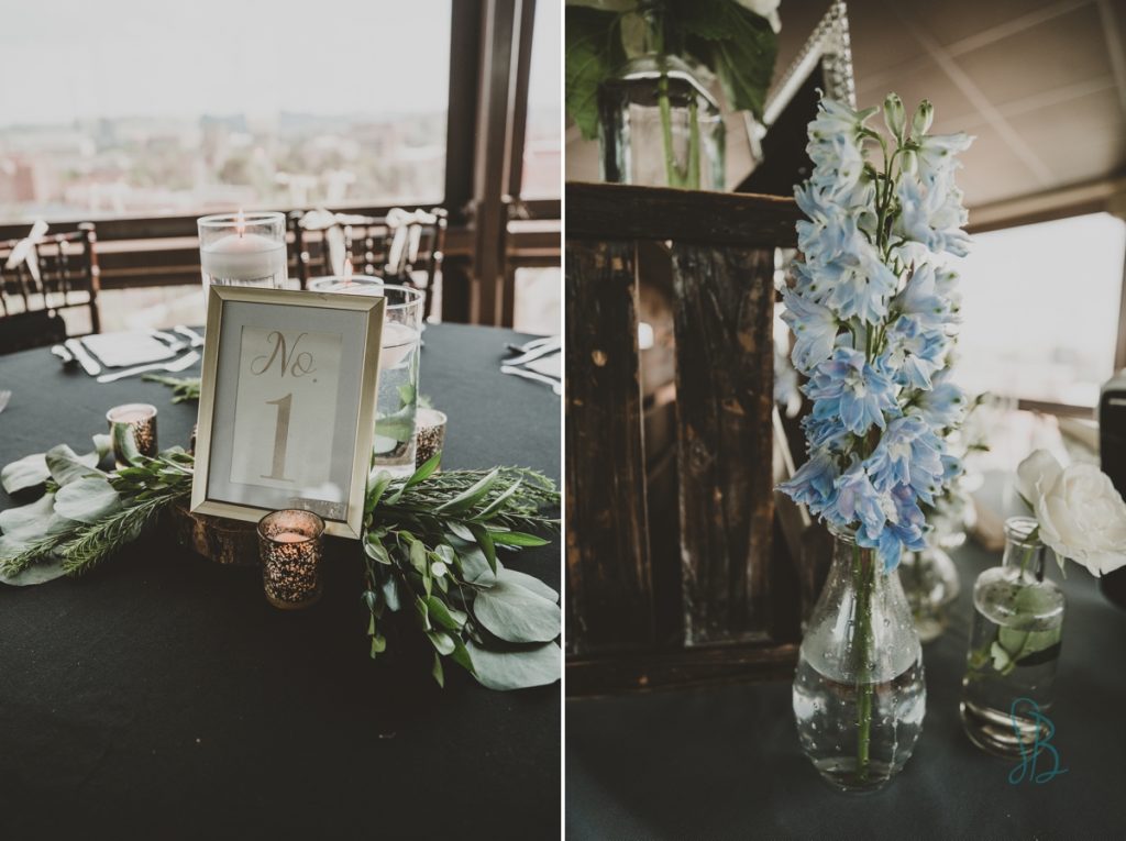 dusty blue and ivory wedding decor at Sunsphere
