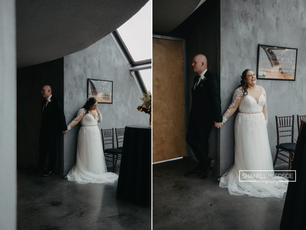 Bride and groom first touch inside Sunsphere wedding