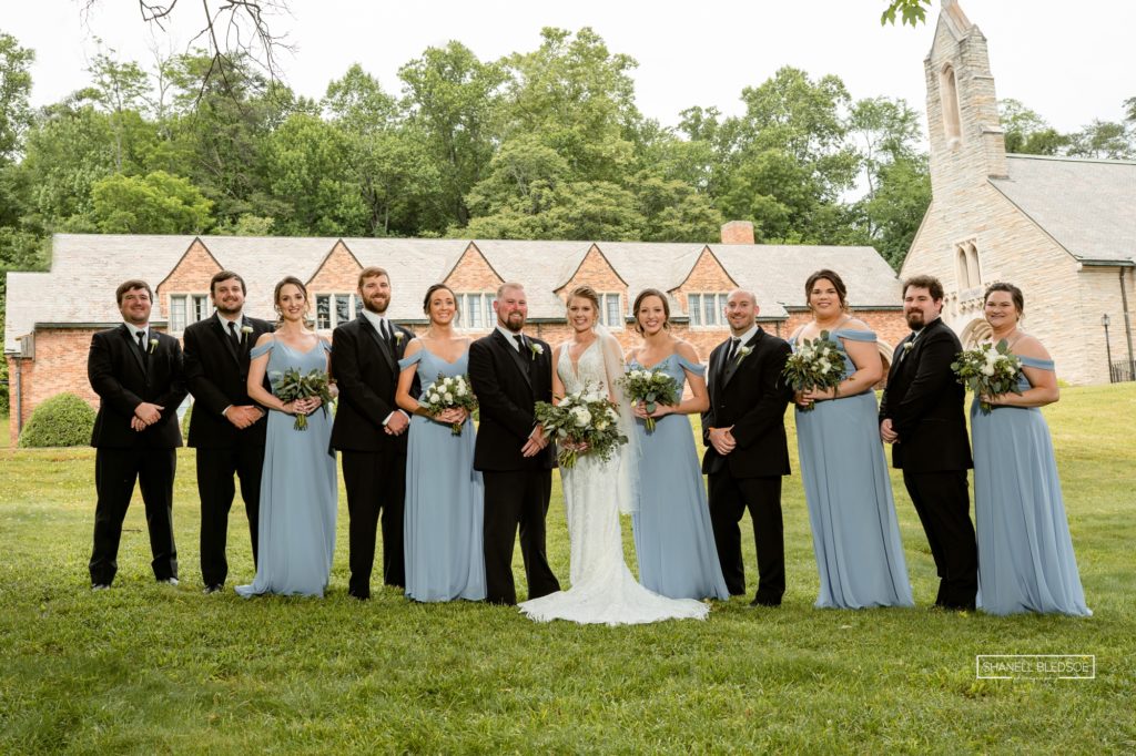 Dusty blue wedding party colors at Graystone Presbyterian Church wedding in east TN