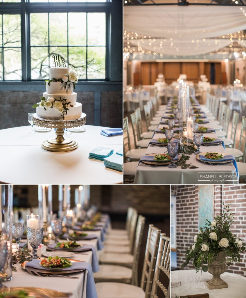 dusty blue wedding decor at the Foundry in downtown Knoxville