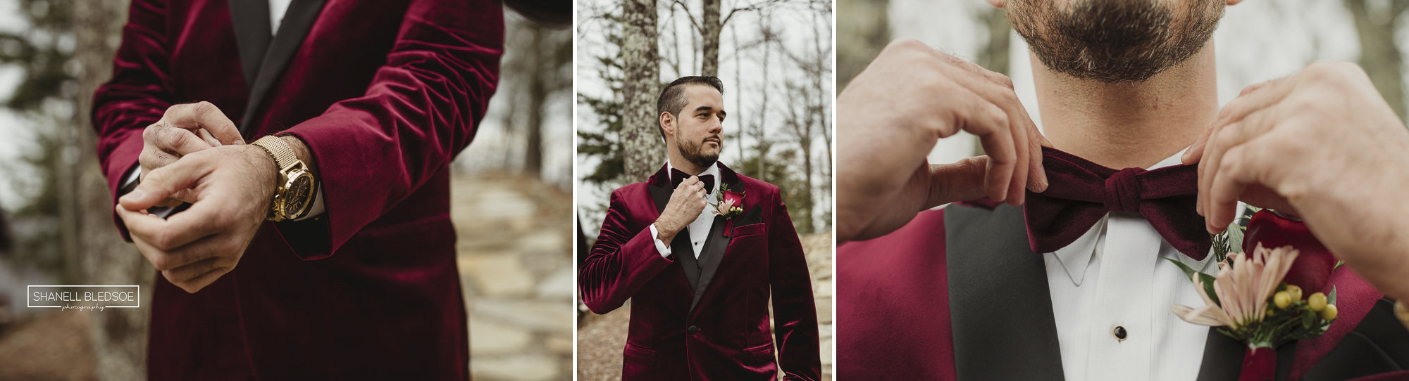 red velvet groom tux details